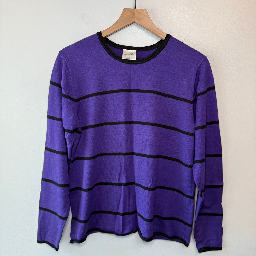 Bedford Fair Women's Striped Crewneck Sweater Top Purple Size Medium